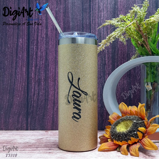 Copo INOX Glitter - Dourado, com TAMPA e PALINHA